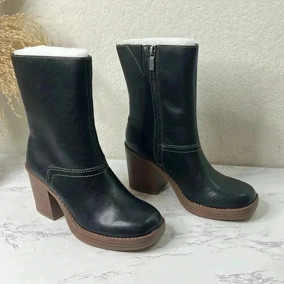 SUN STONE Black Cushioned Goring Denverr Square Toe Block Heel Zip-Up Booties 6M - Picture 4 of 16